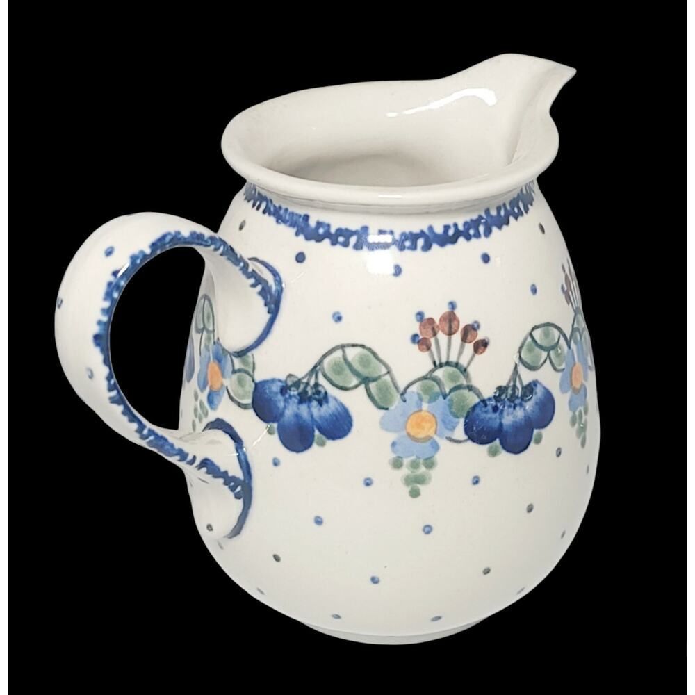 Blue Rose Pottery Handmade Polish Boleslawiec Floral Creamer Pitcher Blue Flower - Picture 4 of 9